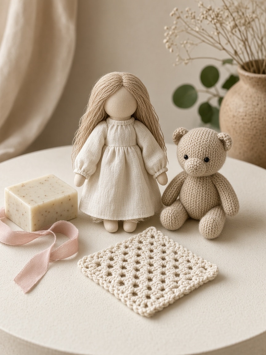 Peças artesanais de boneca, tricô, crochê e sabonete