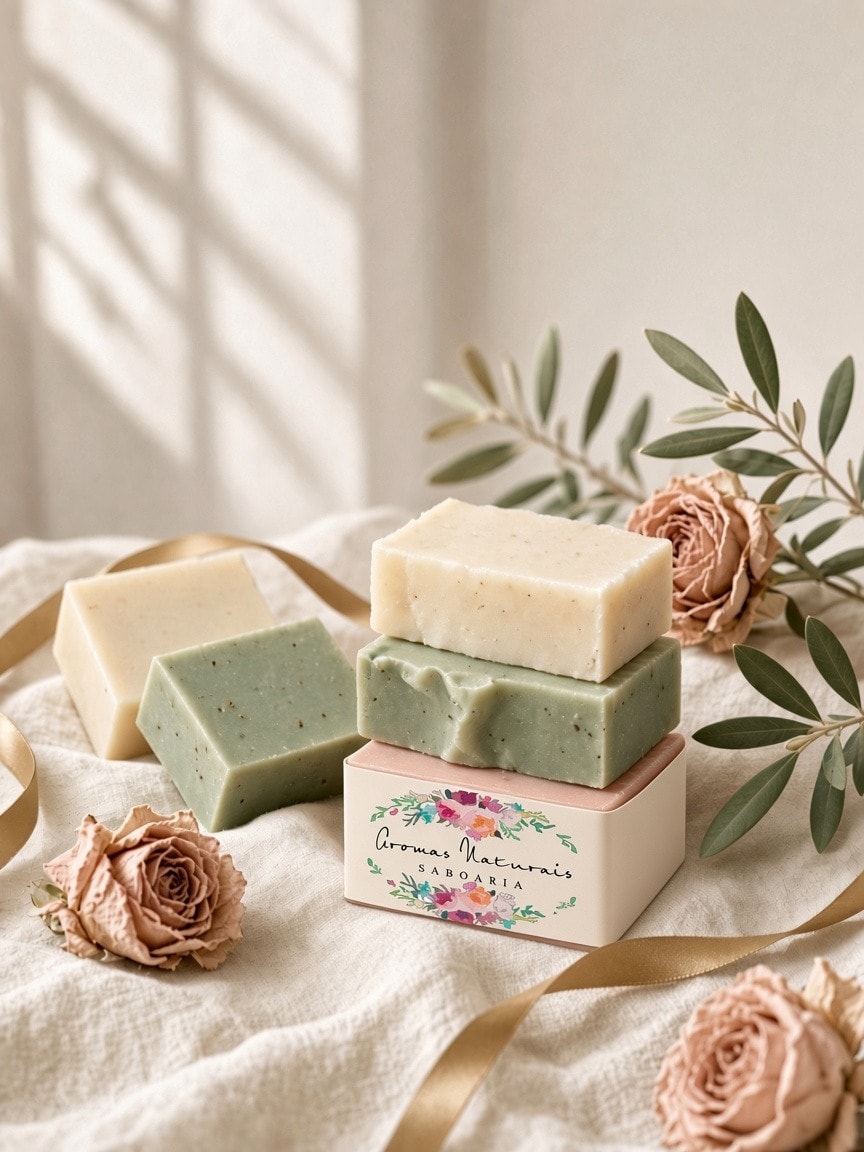 Sabonetes artesanais em marfim, sálvia e rosa, com rosas secas e fita dourada