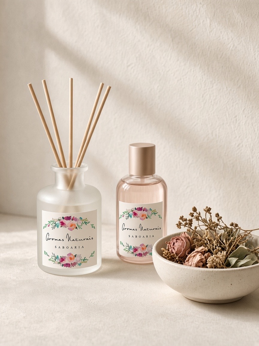 Aromatizador de varetas, frasco de perfume e flores secas