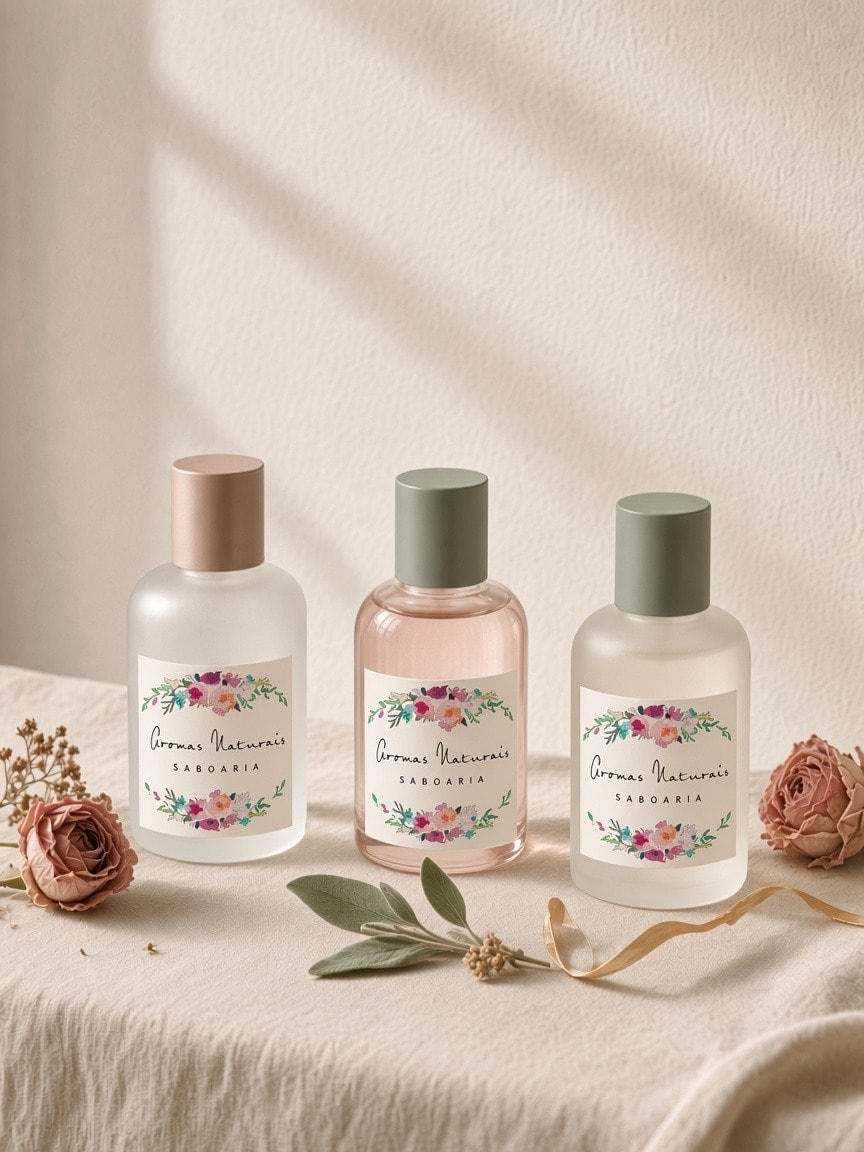 Três frascos de perfume em vidro fosco e rosa, com rosas secas, sálvia e fita dourada